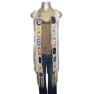 Granny Square Crochet Fringe Vest Womens Small White Boho Hippie Long